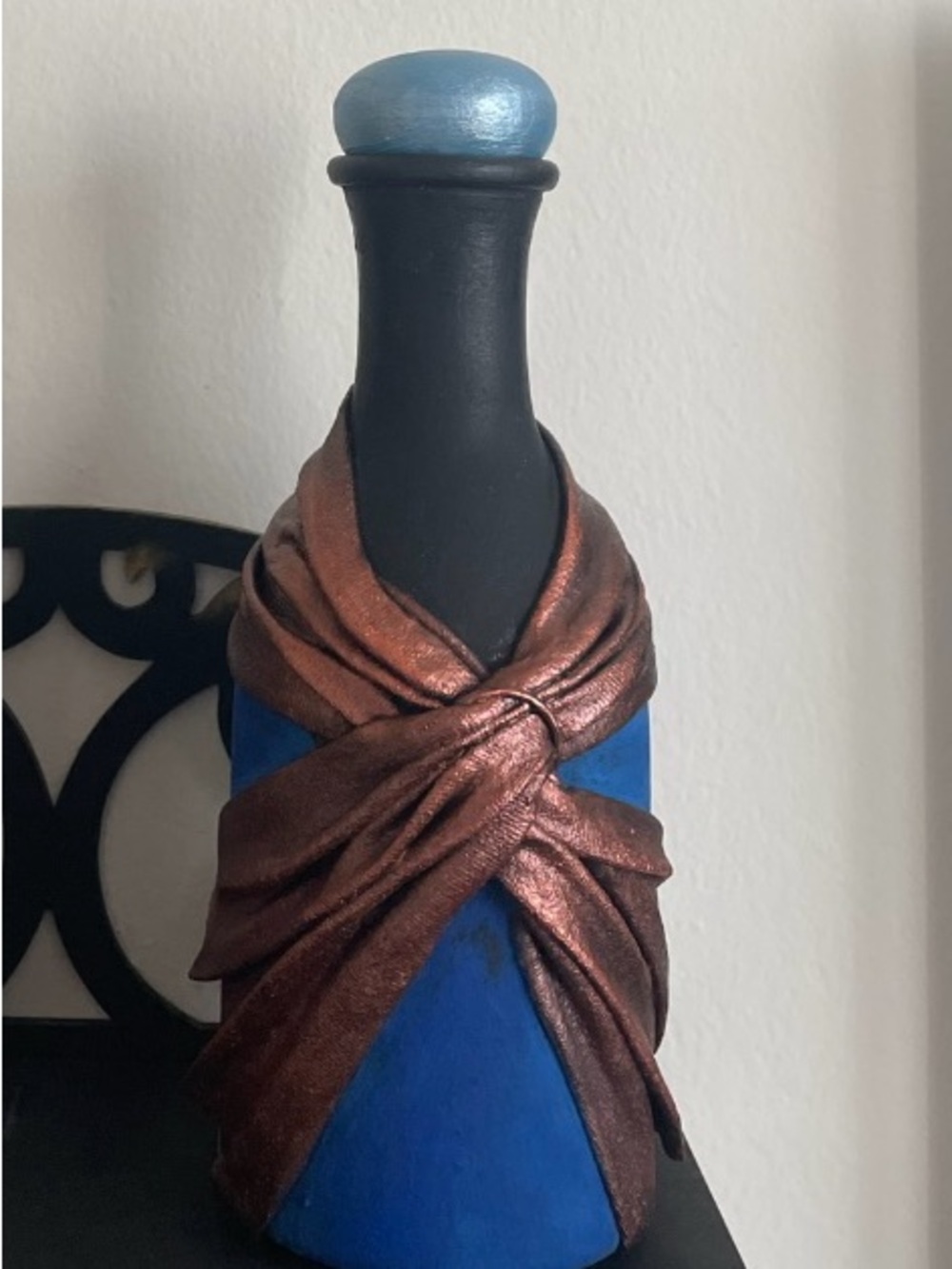 Blue Decorative Bottle Vase with Metallic Bronze Wrap